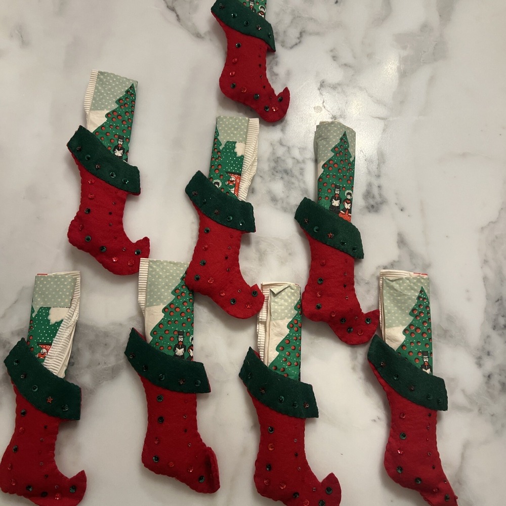 8 Vintage Christmas Handmade Stocking Sequin Felt Napkin Rings Holders